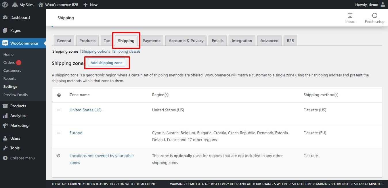 WooCommerce settings to add shipping zone